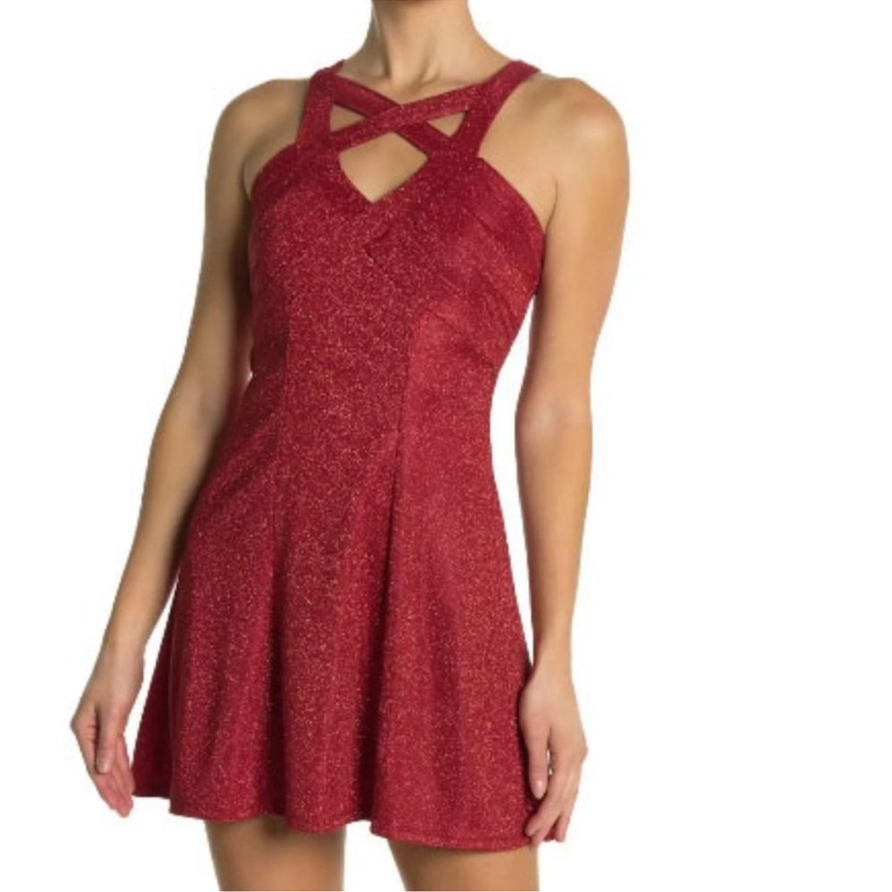 Love Nickie Lew NWT Sparkling Glitter Red Mini Skater Dress Size Large